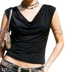 Vintage y2k 2000s  D.E.P.T Black Cowle Neck open back Bow party Blouse classic